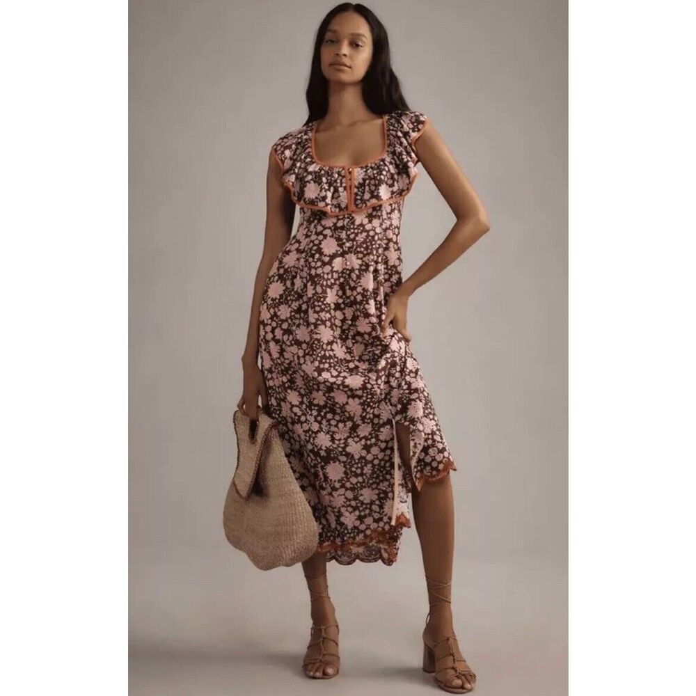 Anthropologie Maeve Scoop-Neck Ruffled Embroidered Midi Dress